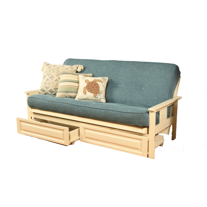Le cadre de futon double Stratford comprend des tiroirs de rangement et un matelas, Innerspring, Lin turquoise, Blanc antique