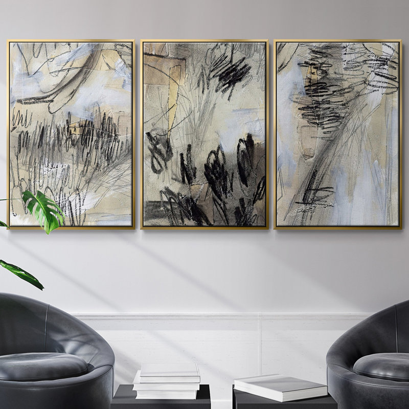 " Masked Notes III " 3 - Pieces, Gold Framed, 27" H x 54" W x 2" D