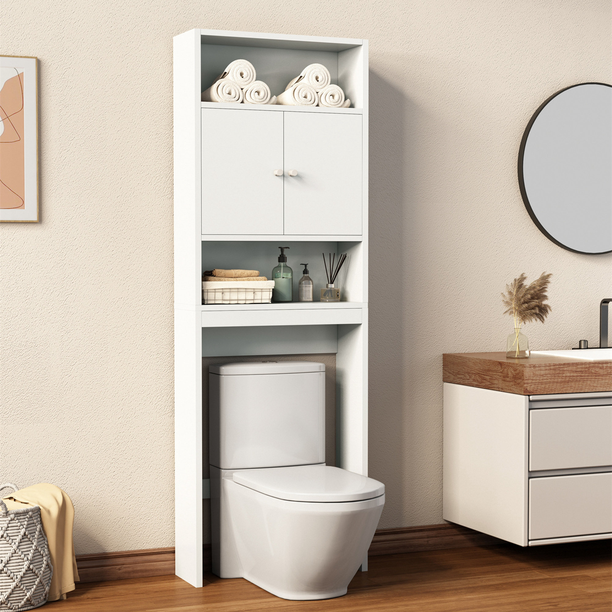 White Bathroom Space Saver with 3 Fixed Shelves, Mainstays Over The Toilet Storage