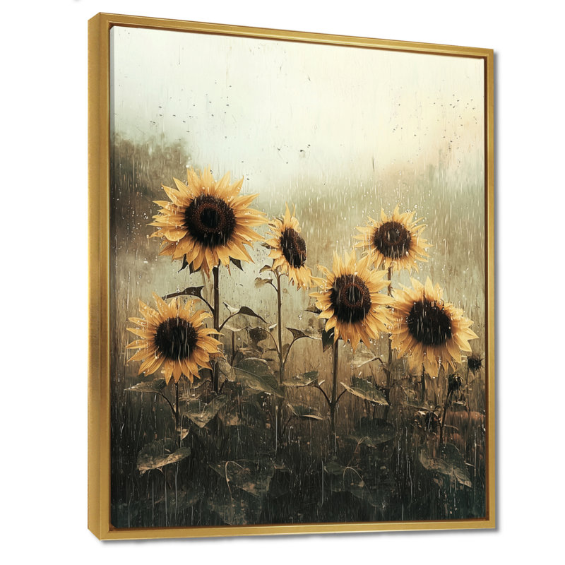 Doykos rétro jour de pluie tournesols I - tournesols grand art mural, Impression encadrée flottante, H 20 po x l 12 po, Doré