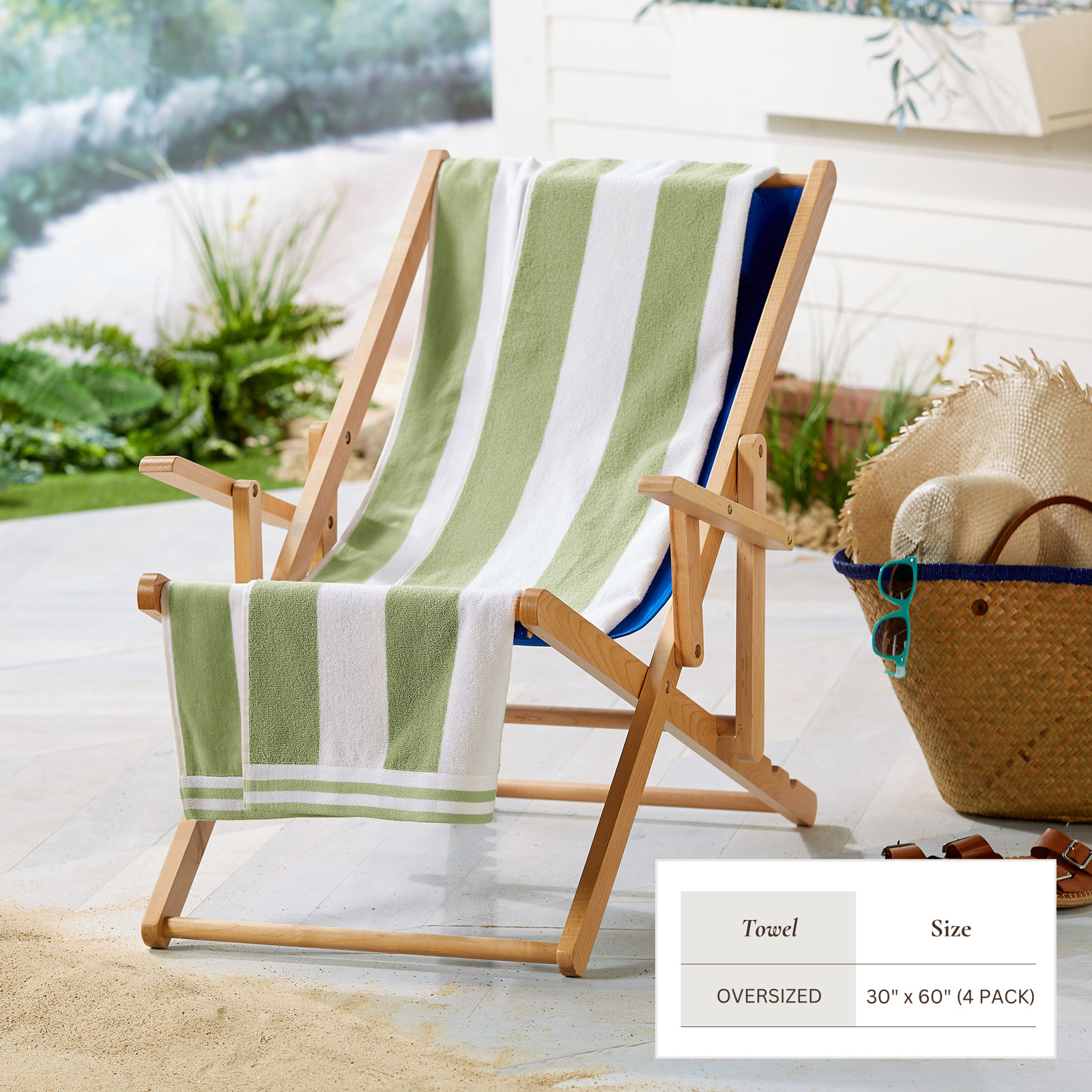 Naturita Great Bay Home 4 Piece 100% Cotton Beach Towel Set, Eucalyptus Green / White