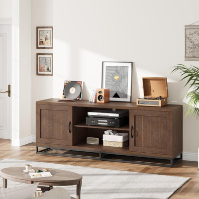 Meuble télé de 63 pouces, meuble télé de style moderne Mid-Century, meuble audio-vidéo avec meuble de rangement et tablettes ouvertes, meuble télé pour salon et chambre à coucher