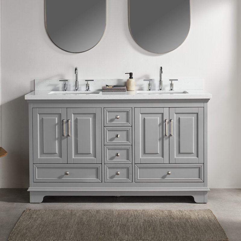 Meuble-lavabo double autoportant de 60 po avec pierre artificielle entièrement assemblé, Gris