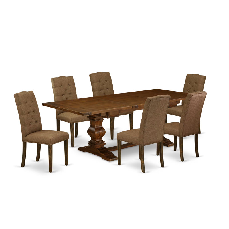7 Piece Dining Table Set consists of a Rectangle Removable Leaf Kitchen Table and 6 Brown Linen Fabric Parson Chairs, Antique Walnut