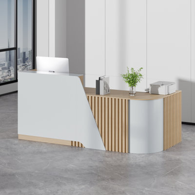 Grand comptoir de réception en L avec grille en bois, comptoir de réception moderne avec tiroirs verrouillables, rangement et plateau à clavier, pour caisse, hall d'entrée, bureau