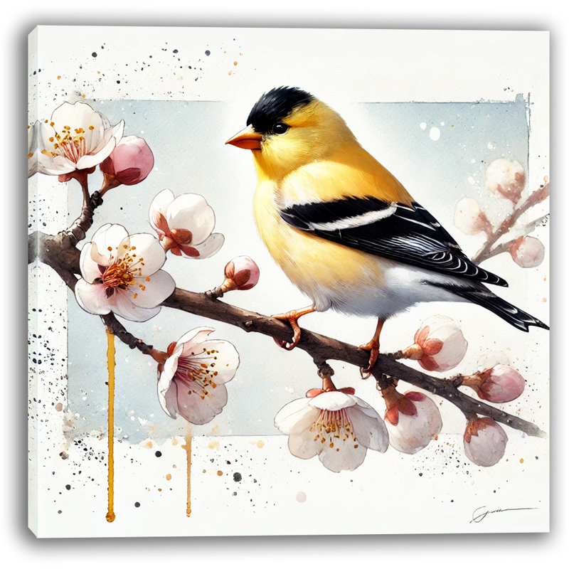 Impression sur toile de chardonneret et de fleurs, H 12 po x l 12 po x P 1 po