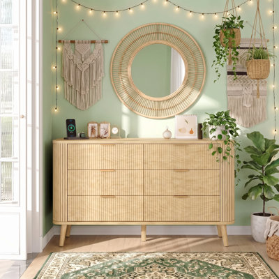 57" Wide Fluted 6 Drawer Double Dresser with Charging Station