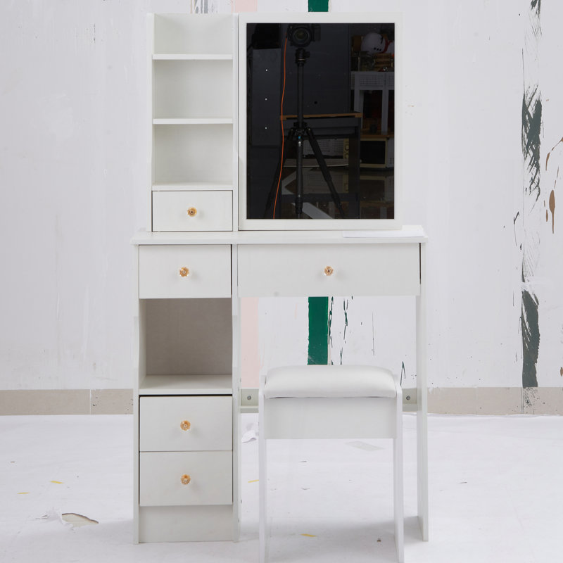 29.2" Small Size Left Drawer Desktop Vanity Table + Cushioned Stool, Extra Large Right sliding mirror, Multi Layer High Capacity Storage, Practical Fashionable Dresser, Suitable For Small Space