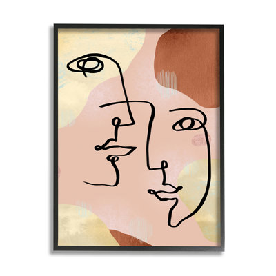 «Mixed faces», dessin au trait abstrait, brun et jaune par Ziwei Li - impression