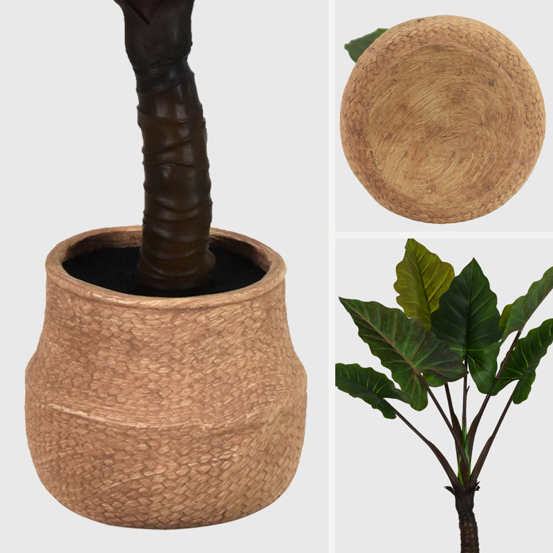 Arbre de taro artificiel réaliste en pot de ciment artificiel pour la maison ou le bureau - 48 po