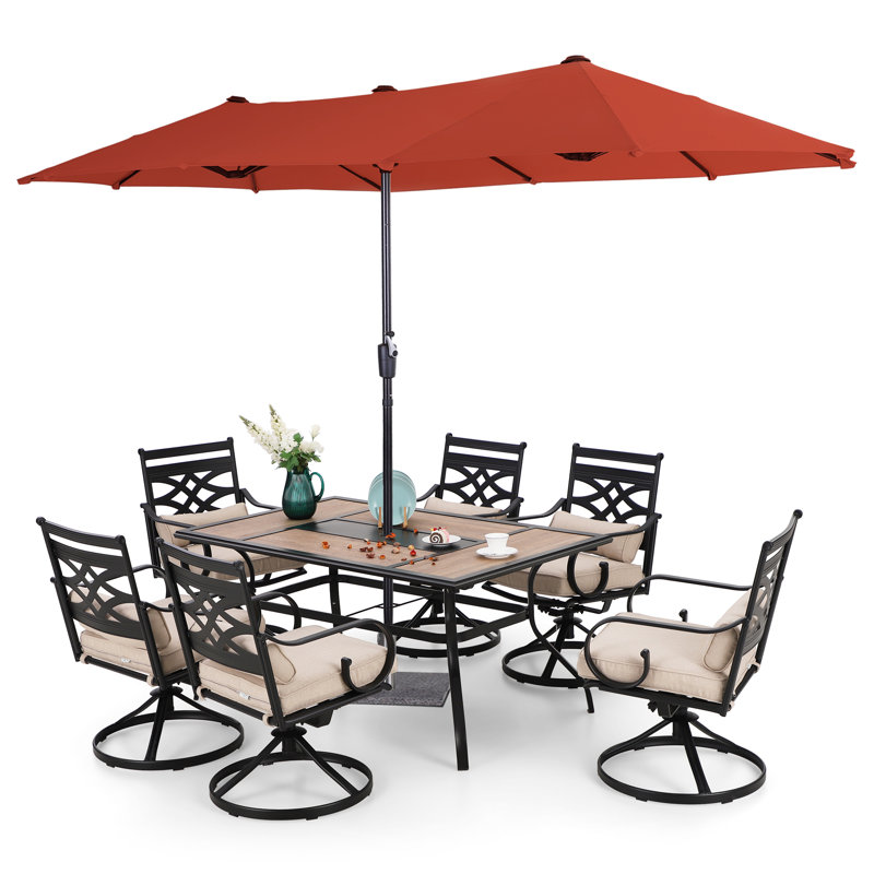 Ensemble de salle à manger rectangulaire pour 60 personnes avec coussins et parasol Leonard, Rouge