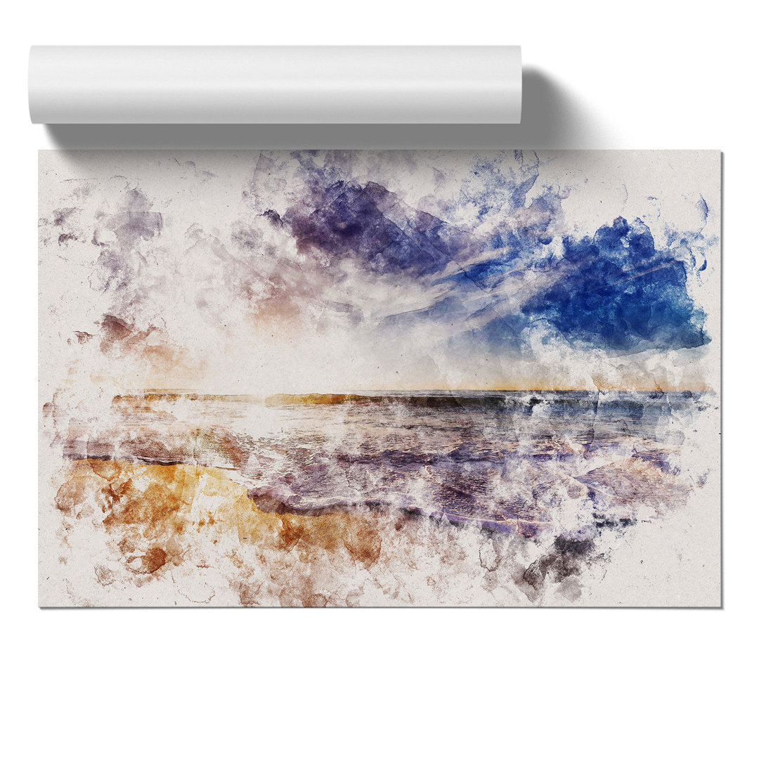 Sunset over a Californian Beach Watercolour - Frameless Print