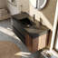 Meuble-lavabo 48 po en noyer avec lavabo à surface solide d'ingénierie noir mat et tiroirs noirs doux et une porte-131428776