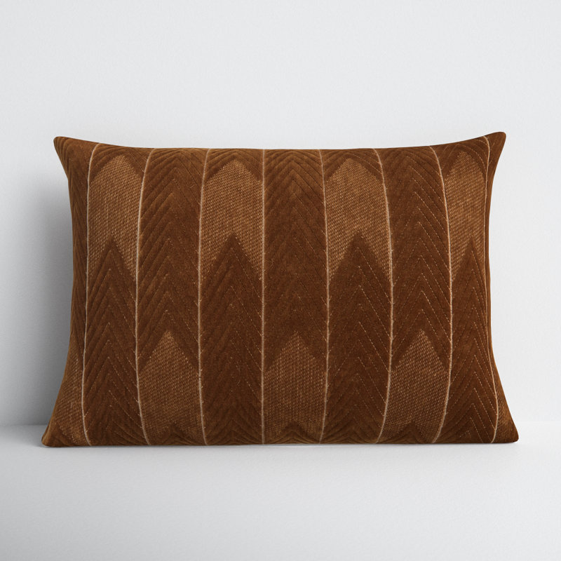 Brown Embroidered Cotton Lumbar Pillow with Chevron Design