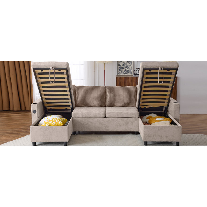 1113.4 Inch Sectional Sofa Pull-Out Bed With Large Storage, USB Ports, And Cup Holders For Living Room, Brown