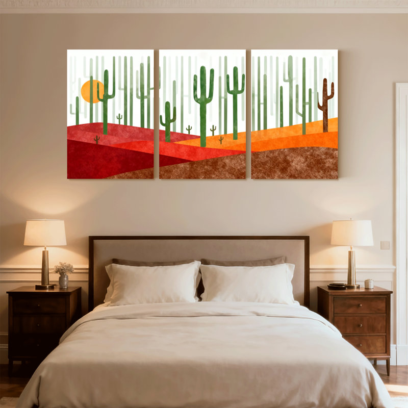 Cactus, paysage désertique avec cactus et soleil, ensemble de 3 impressions sur toile, H 18 po x l 36 po