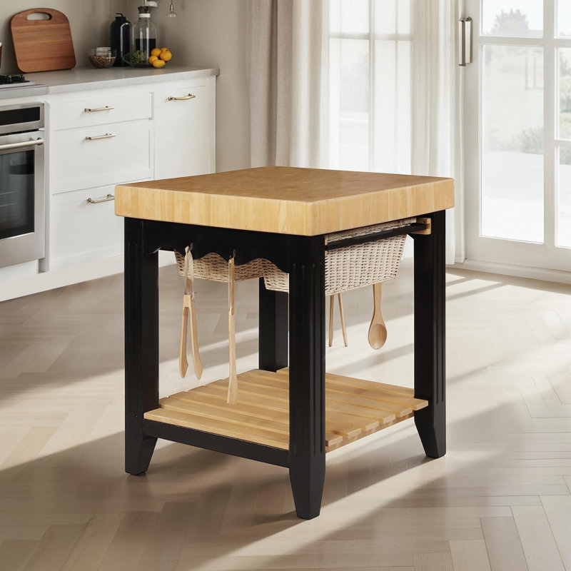 Behling Solid Butcher Block Kitchen Island with Baskets and Storage Shelf, Black