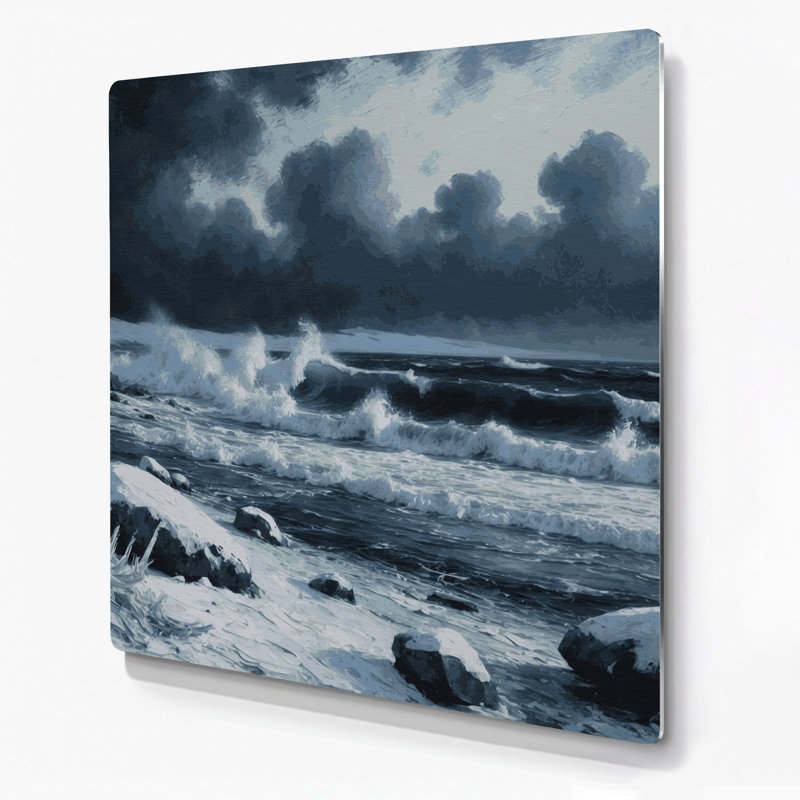 Coastal Winter Shore, art mural gris en métal, H 12 po x l 12 po