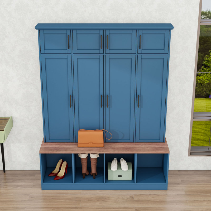 Hall Tree with 4 Hidden Hanging Hooks, Cabinets and Doors, Blue