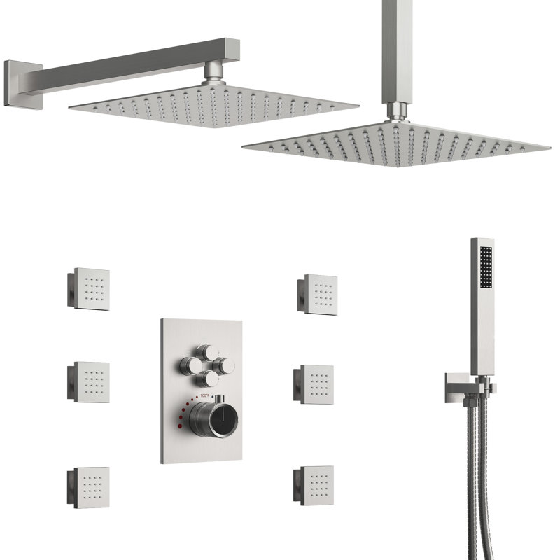  Thermostatic Dual Showerheads System, 12" High-Pressure Rainfall Shower Faucet with Handheld Spray and Body Jet
