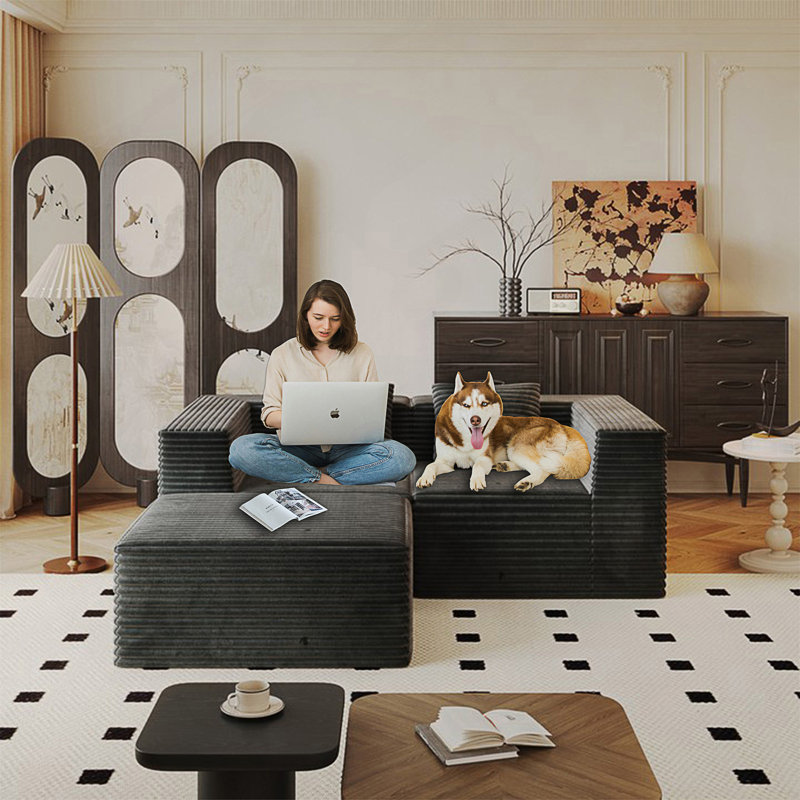 Modular Sectional Couch, Boneless Sofa With Deep Seat, High Density Memory Foam, Compression Sofa, Gray Corduroy