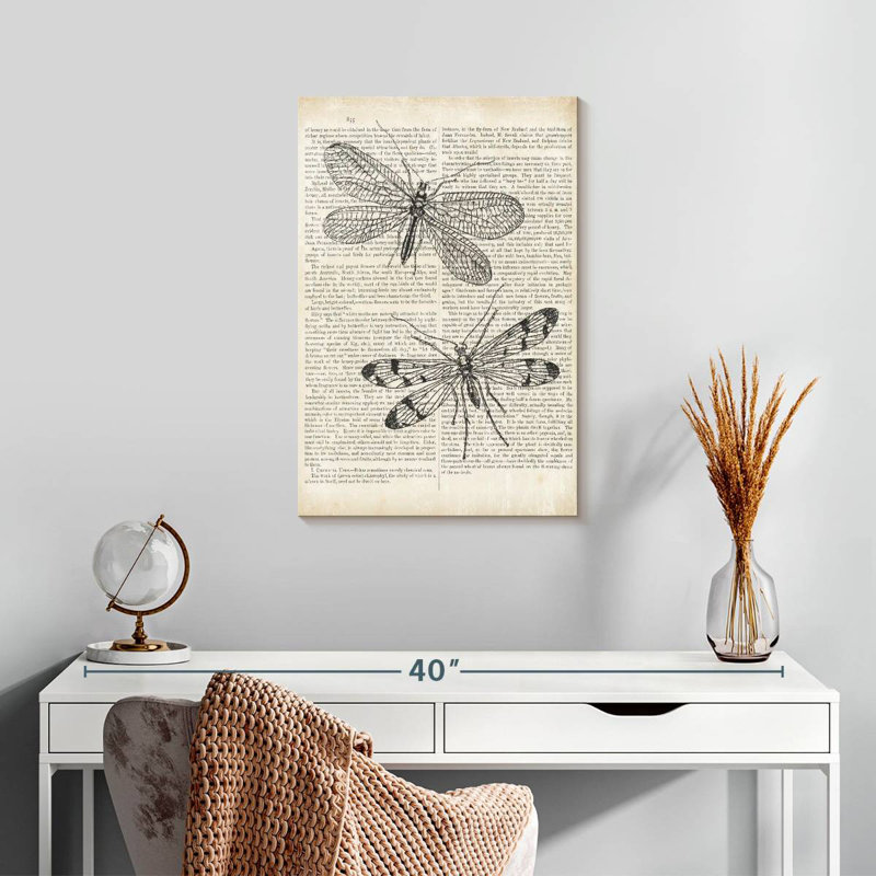 Libellules Brampt rétro sur papier journal, H 24 po x l 16 po