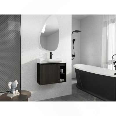 28" Dark Oak Wall-Mounted Bathroom Vanity with White Ceramic Sink and Soft-Close Door