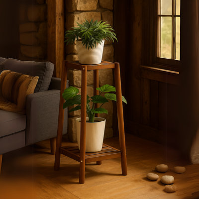Abdera Tall Natural Bamboo Tall Plant Stand 2 Tier Shelf Plant Holder Garden Home Furniture