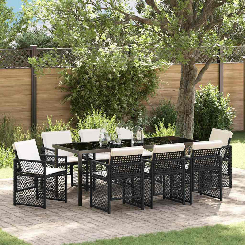 Emiya 8 - Person Patio Dining Set with Rectangular Table, Beige Cushion/Black Frame
