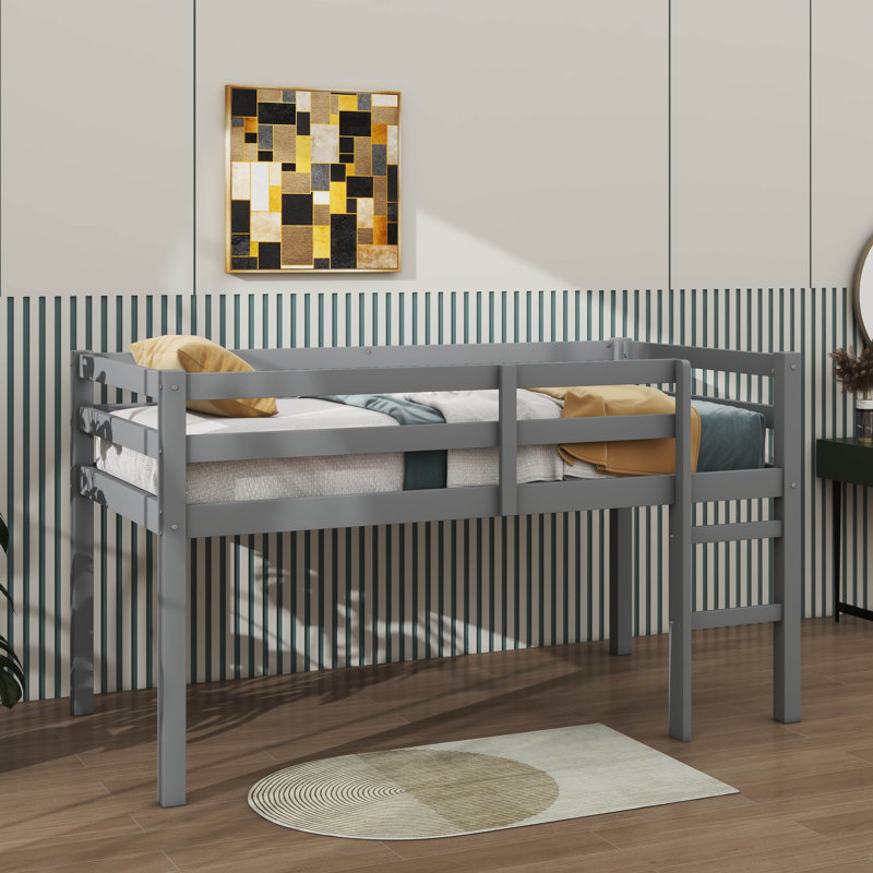 Twin Loft Bed With Guardrails And Ladder, Grey