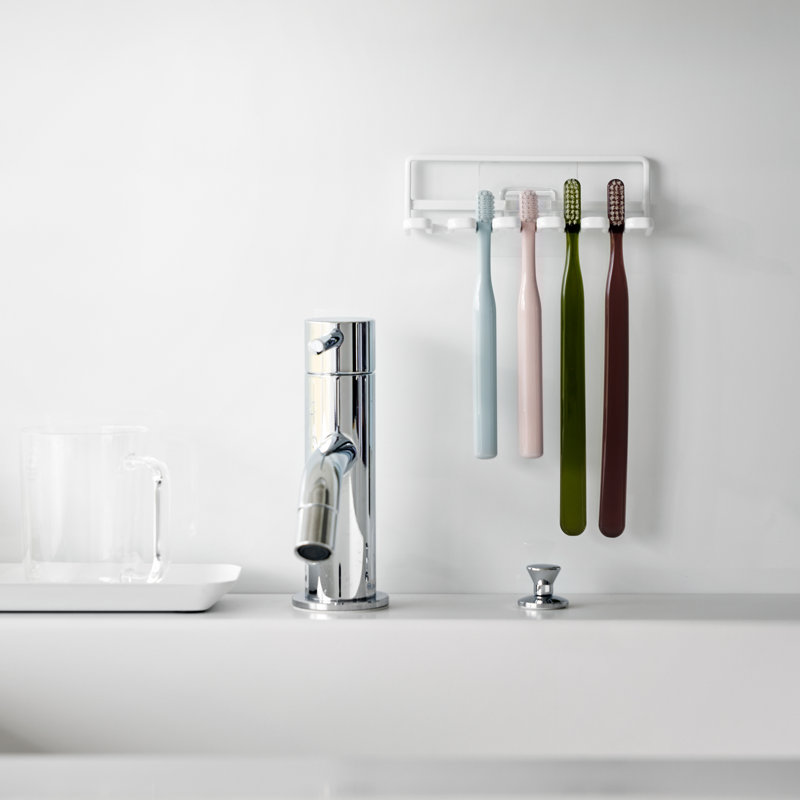 Yamazaki Home Traceless Adhesive Toothbrush Holder, Steel, Holds 0.55 Lbs, White