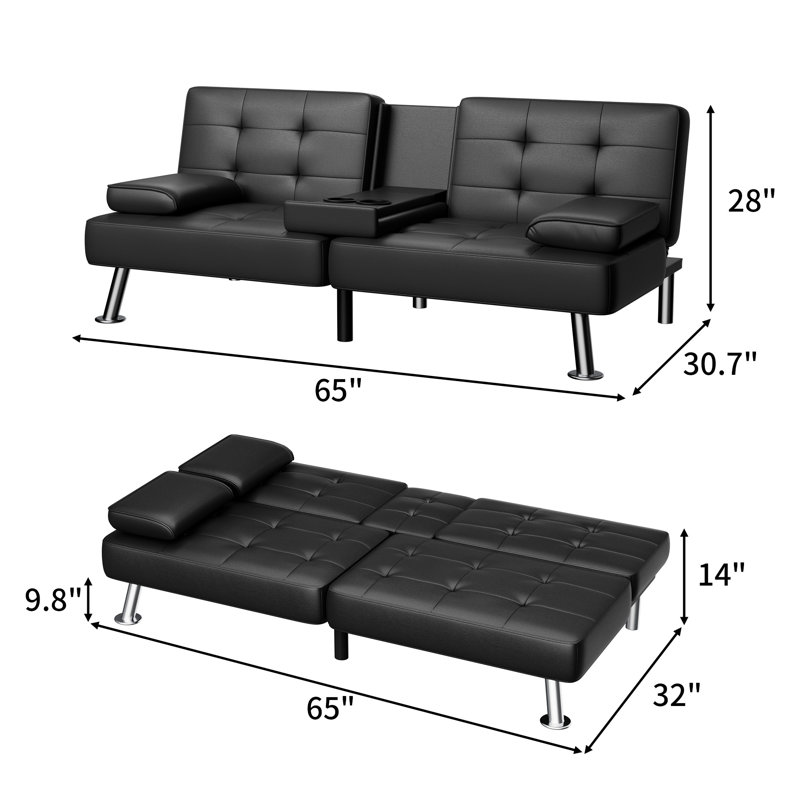 Abbigale 65.8'' Faux Leather Reclining Sleeper Sofa, Black Faux Leather