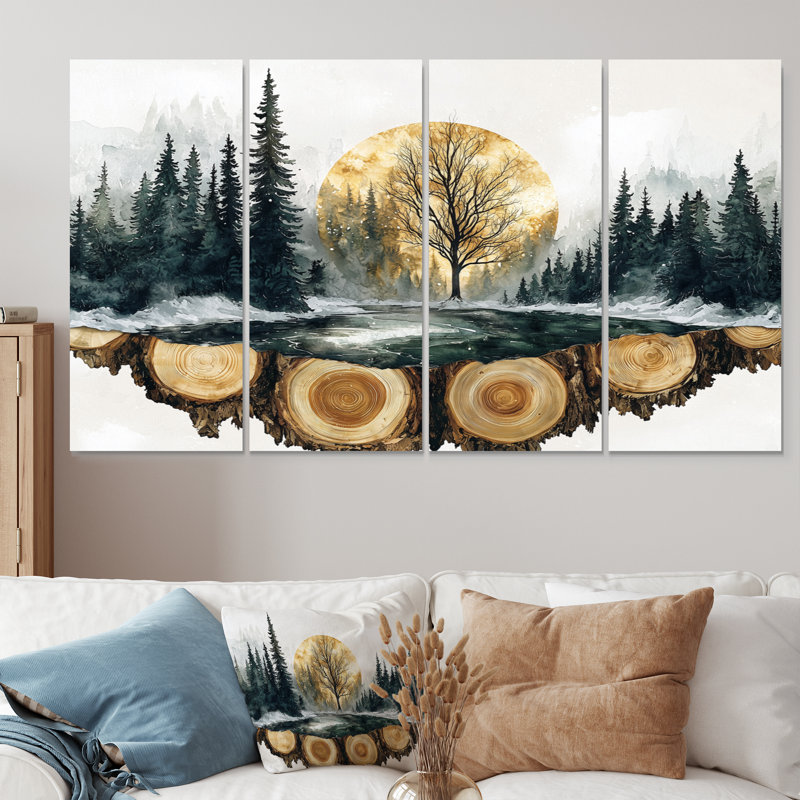 «Winter Tree In Ink Geode Landscape IV - Forest Wall Decor - Traditional Wall Art», 4 pièces, H 32 po x l 64 po