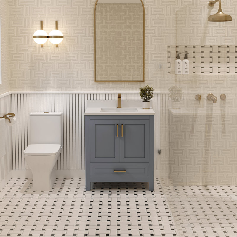 Rooh 30'' Single Bathroom Vanity with White Quartz Top, Brushed Gold, Gray