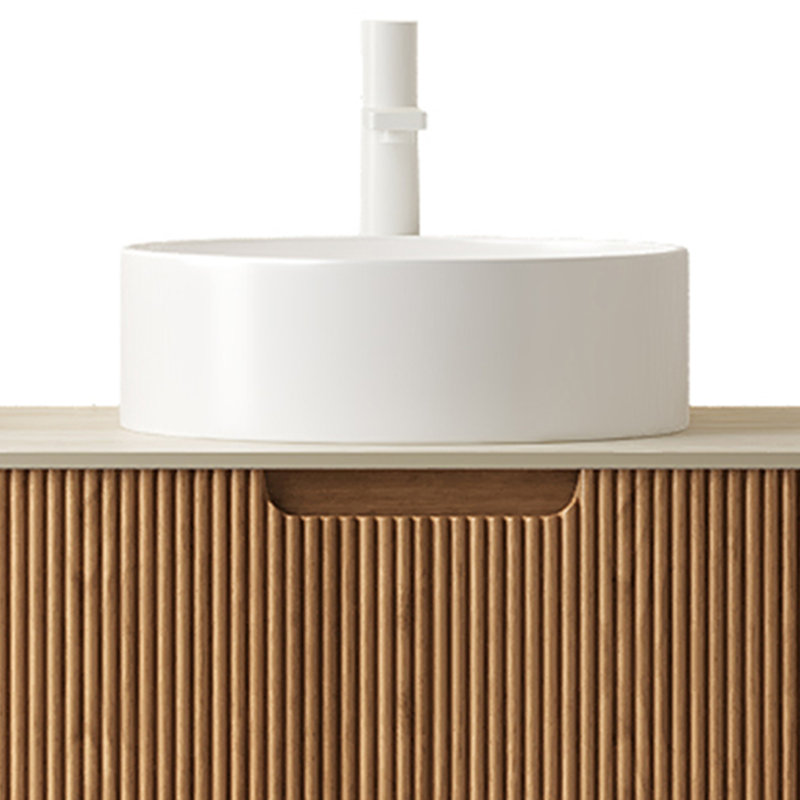Meuble-lavabo de salle de bain, meuble-lavabo rayé à bords arrondis flottants avec 2 tiroirs, 2 lavabos ronds en céramique et plateau en pierre frittée à motif de travertin, pré-assemblé