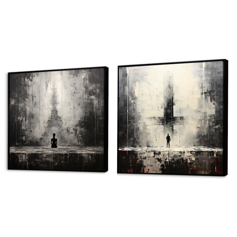 Minimalisme posture de yoga noir et blanc - ensemble de 2 collages carrés abstraits, Cadre flottant noir, H 16 po x l 33 po