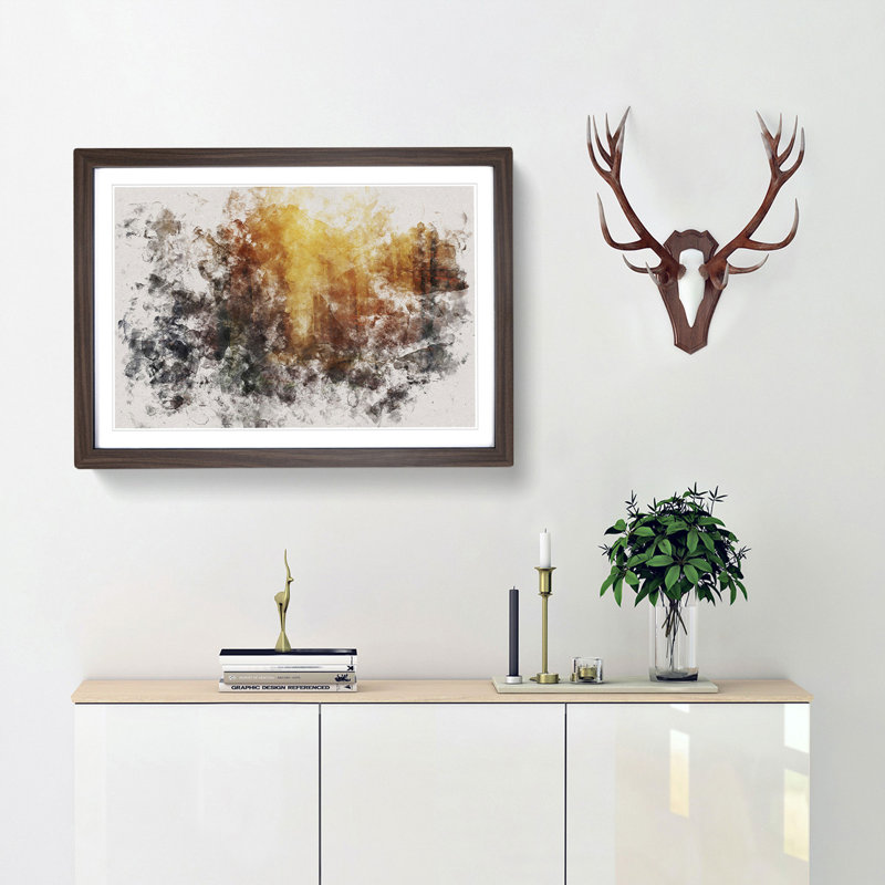Forest At Sunset Watercolour - Single Picture Frame Print on MDF, 36cm H x 48cm W x 2cm D, Walnut Framed