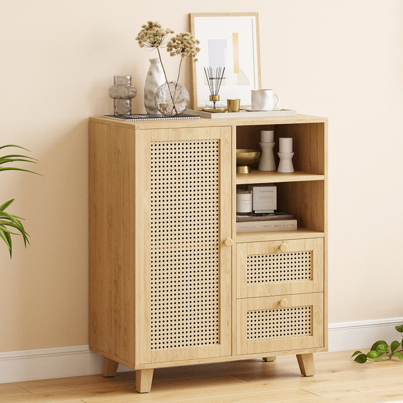 Armoire d'appoint en rotin avec tablettes réglables, Beige