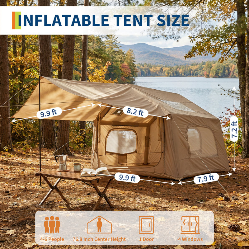 Tente de camping gonflable spacieuse pour 6 personnes avec puits de lumière - abri familial à installation rapide - grand auvent, bien ventilé, résistant aux moustiques - 8 carrés