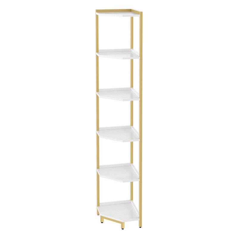 Corner Shelf Stand, Corner Bookshelf, Storage Standing Shelf Unit with Metal Frame, Plant Stand, Bookcase for Living Room, Home Office, Bedroom, 5-Tier White Gold