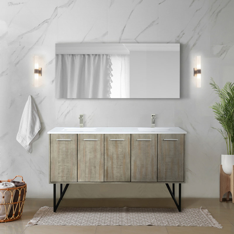 Meuble-lavabo double rustique en acacia avec plateau, Marbre de culture / beige, H 36,63 po x l 60 po x P 20,25 po