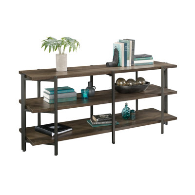 Bibliothèque étroite contemporaine en bois d'ingénierie à finition brune pour agencement de bureau, 2 tablettes horizontales, structure en métal de 1 po d'épaisseur, pouvant accueillir une télévision de 55 po et 70 lb ou moins