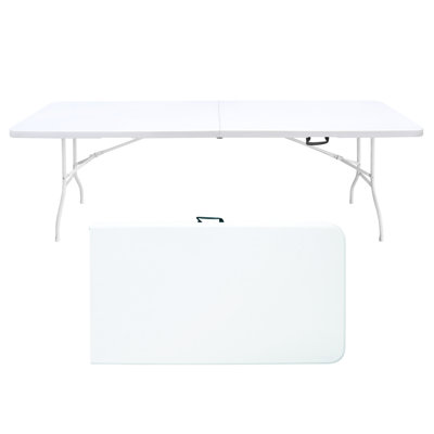 Table pliante portative de 8 pi pour les voyages en camping. Pique-niques en plastique, fêtes. Robuste, imperméable. Capacité de charge élevée. Table de voyage blanche. Imperméable, facile à plier. Chargez.