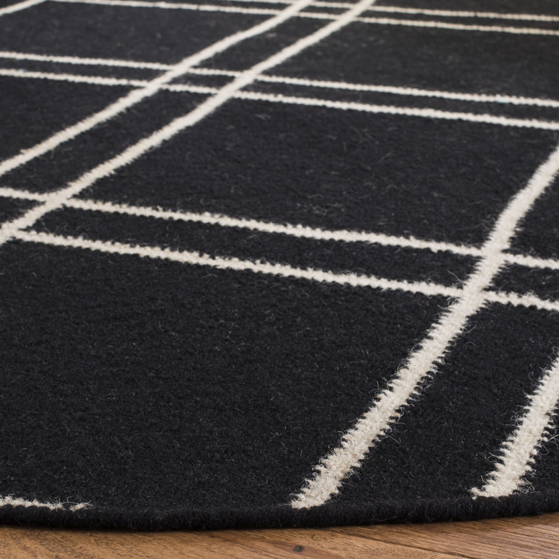 Rodgers Hand Woven Flat Weave Wool/Cotton Geometric Rug in Black/Ivory, Square 6'