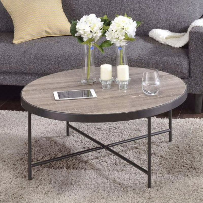 Table basse ronde en bois avec structure en métal, chêne gris vieilli, 16" H x 32" L x 32" W