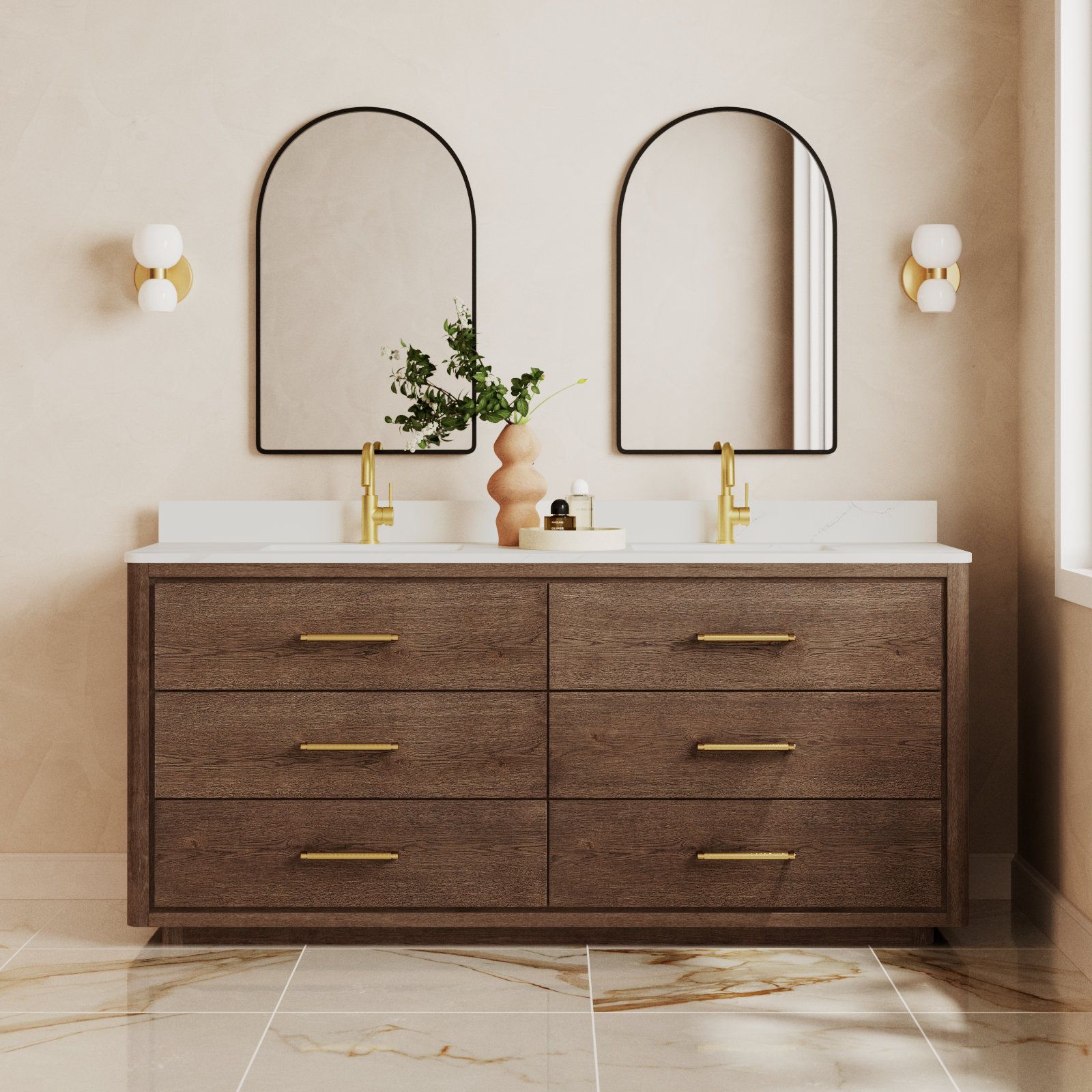 Porto 72'' Double Bathroom Vanity, Dark Brown Oak, Gold