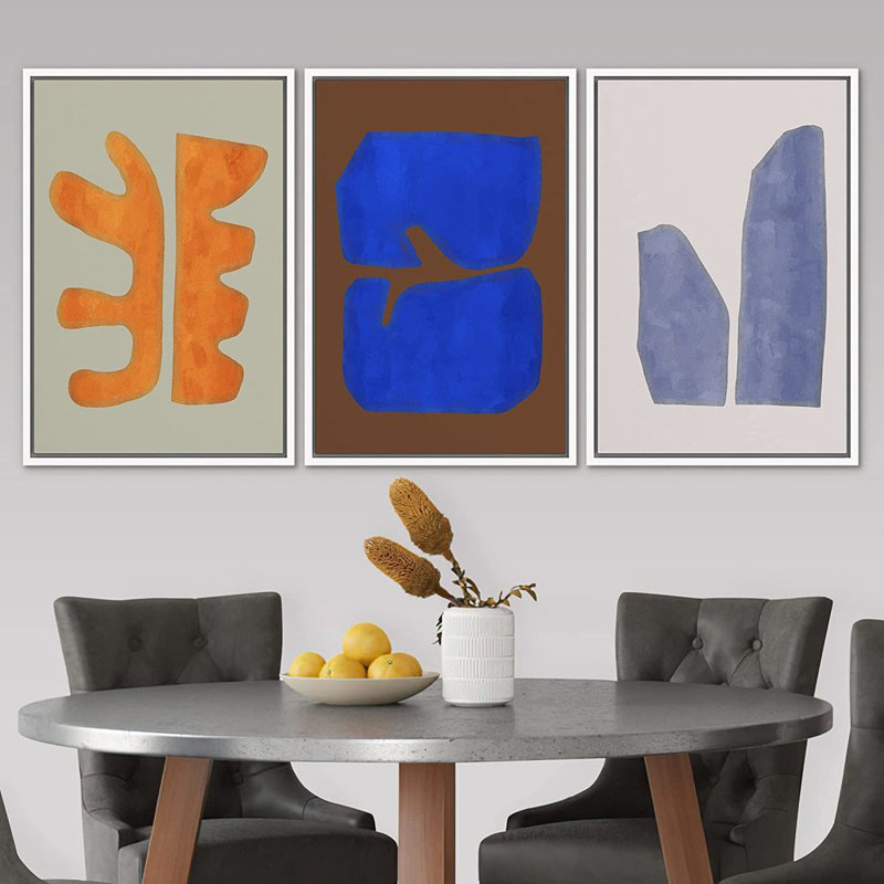Multicolor Mid-Century Modern Orange Blue Wall Art Work Framed On Canvas 3 Pieces Painting Print, 36" H x 72" W x  1.5'' D