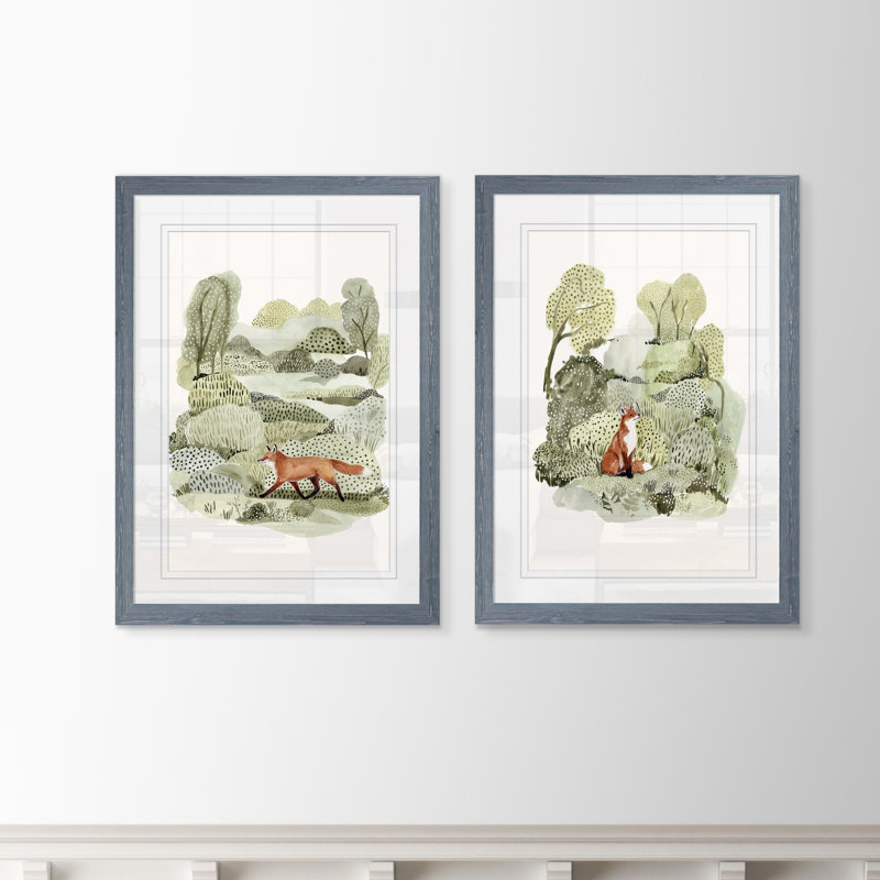 Fox Glen I - ensemble de 2 reproductions d'art encadrées, H 24 po x l 18 po, Impression encadrée avec passe-partout, Gris