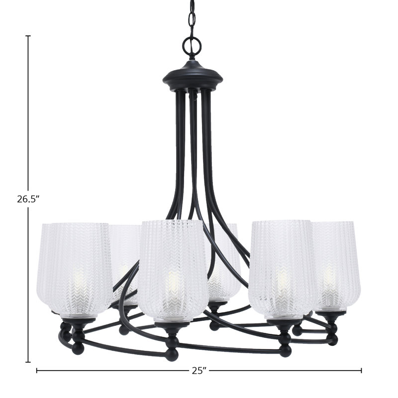 Lustre 8 lumières Sadea illustré avec verre de 5 po, Grainé transparent, Noir mat