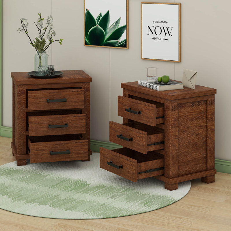 Rustic Three Drawer Reclaimed Solid Wood Farmhouse Nightstand Set Of Two